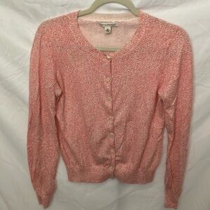 Banana Republic: Pink/Cream cardigan sweater- abstract pattern- lightweight- M